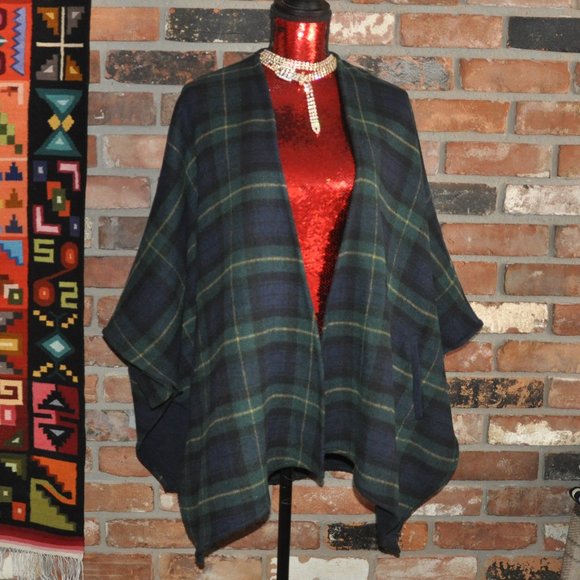 New Cartonnier Anthropologie GREEN & BLUE Plaid BLANKET CAPE Poncho Jacket Coat - Picture 1 of 5